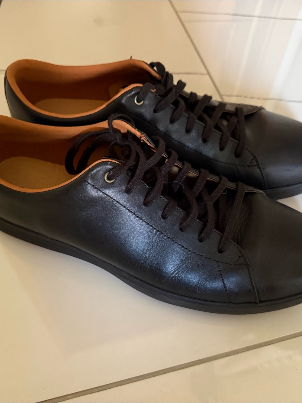 Cole Haan Men’s Grand Crosscourt II Black Leather Lace-Up Sneakers Tan Lining